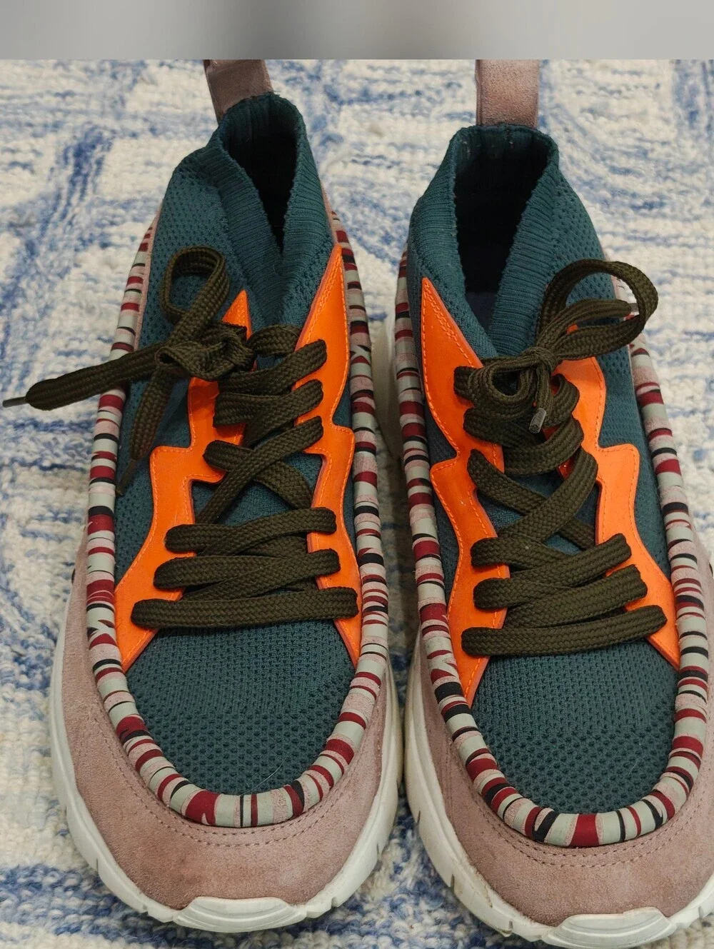 RARE Valentino Garavani Teal Knit Sneakers with Orange Panel and Pink Suede Trim